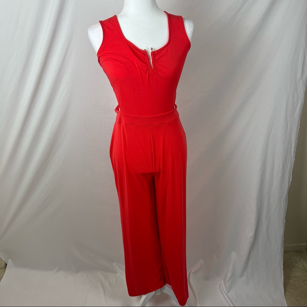 Red Pants Jumpsuit with Cutouts at the Waist